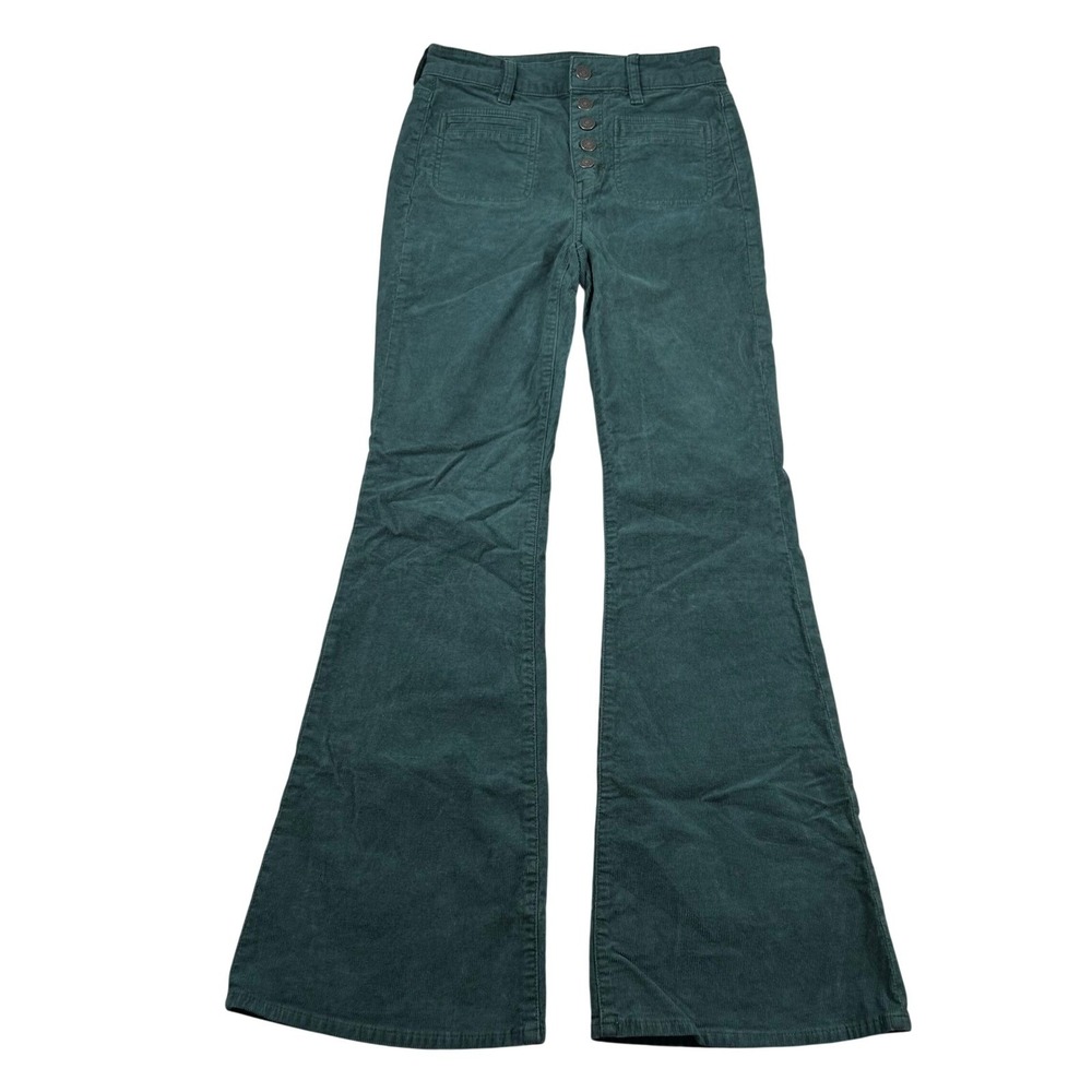 American Eagle Pants Womens 2 Super Hi-Rise Flare Corduroy Green Button Regular